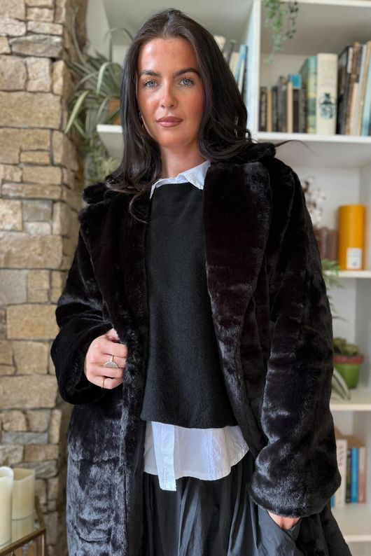 Mara Luxury Faux Fur Long Coat Black 